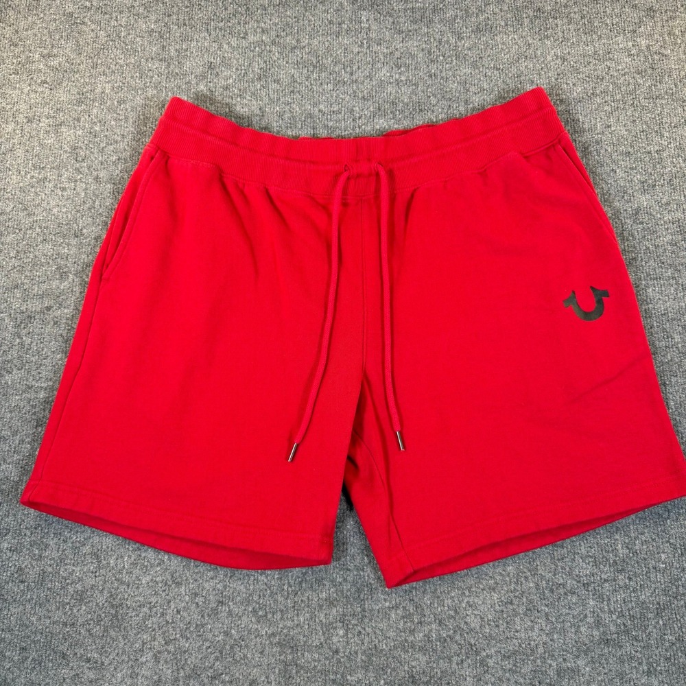 True Religion Mens Red Fleece Sweat Shorts Horseshoe Logo Drawstring 3238